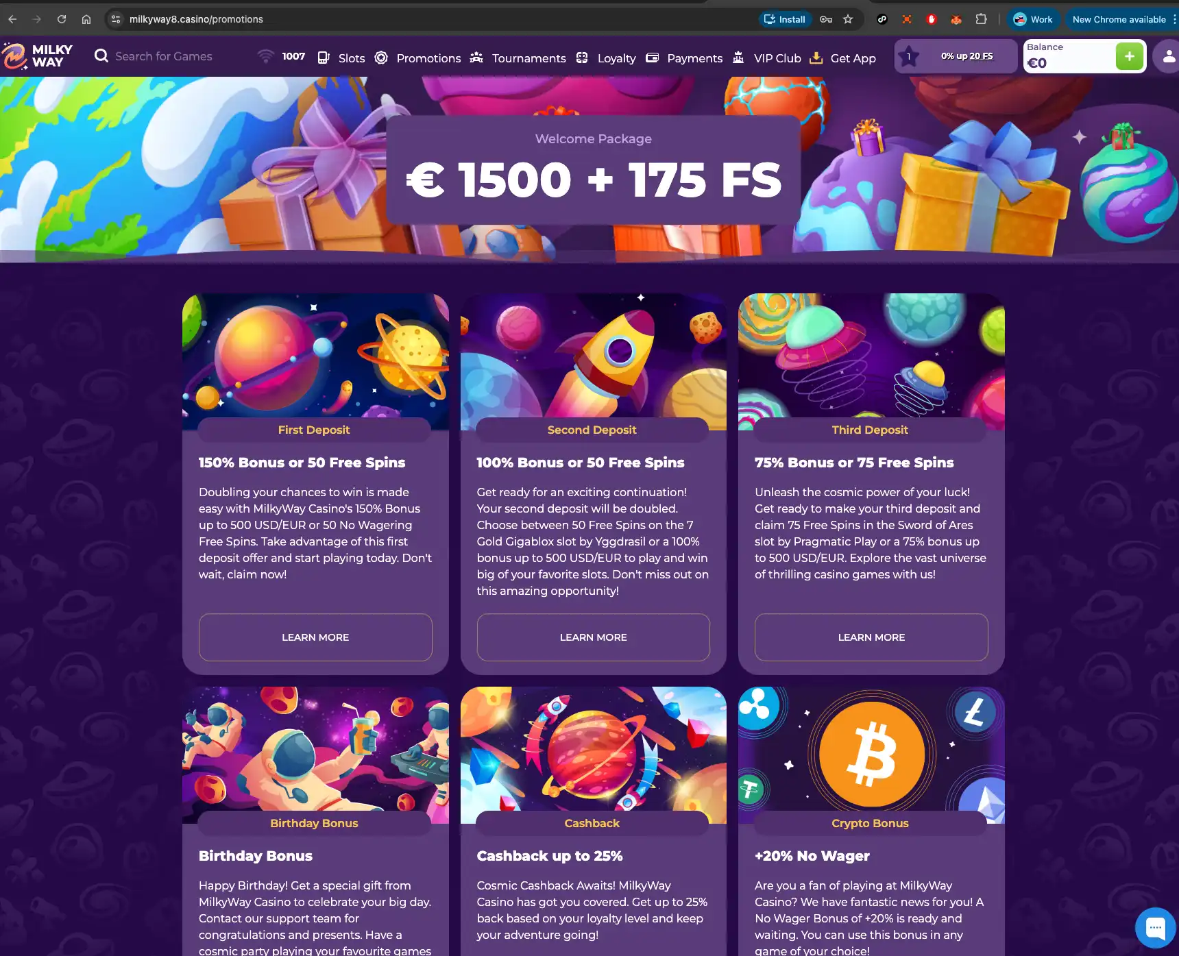 MilkyWay casino welcome package screen