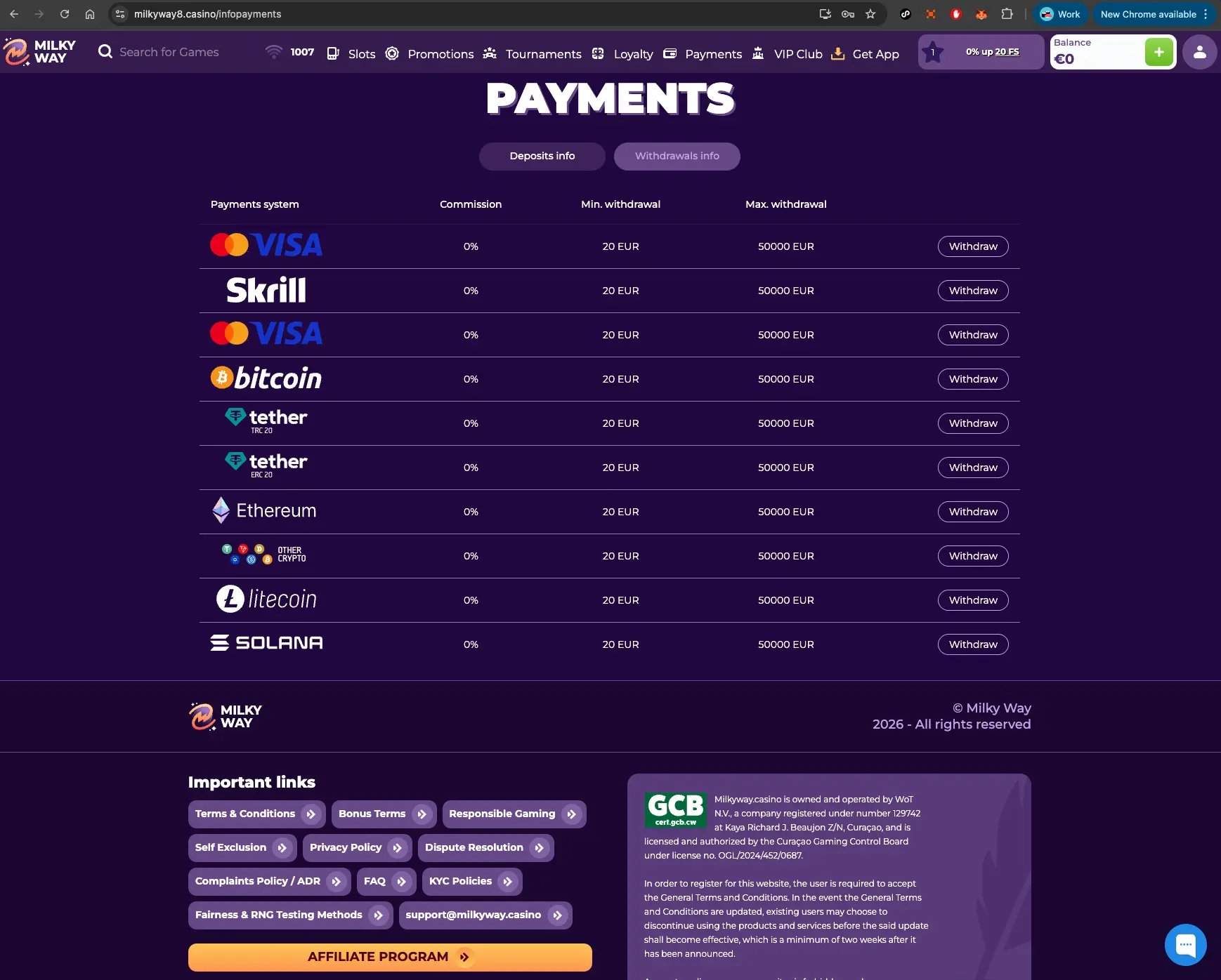 MilkyWay casino withdrawal methods