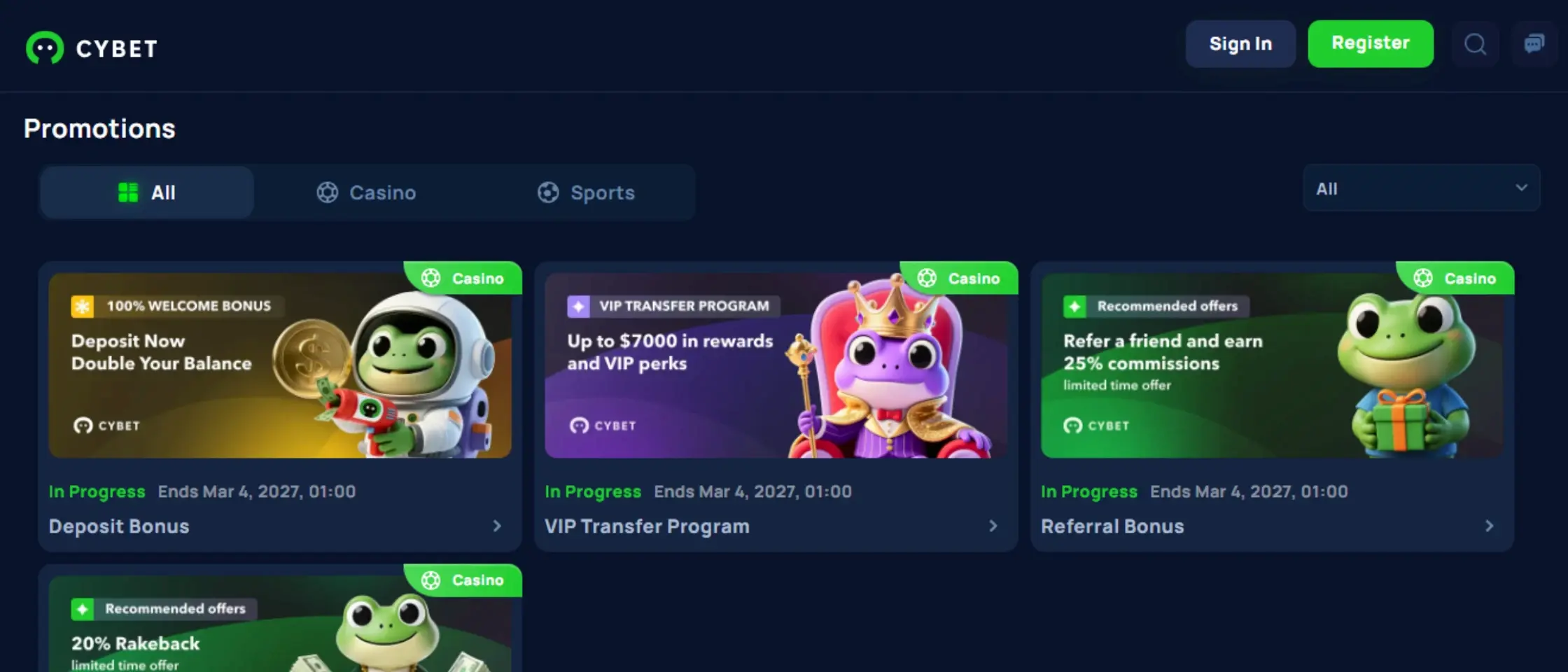 Screenshot of Cybet Casino’s promotions page