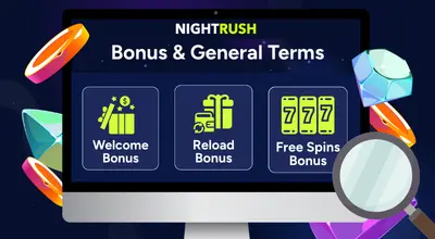Bonus & General terms with casino items against a starry background.