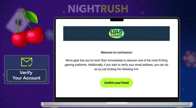 A laptop displays a Lolo Casino email verification page on a purple, cherry-themed background.