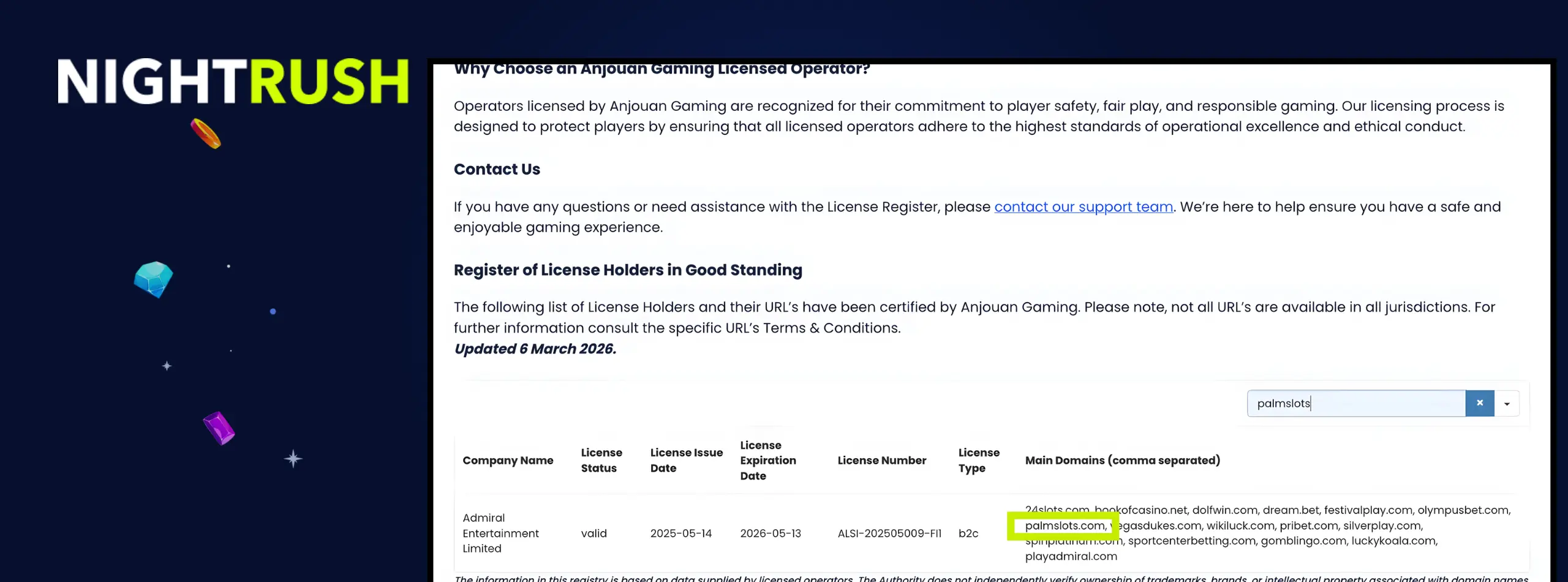 PalmSlots licence information.