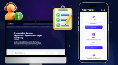 Laptop and phone showing support options, including responsible gaming info and live chat