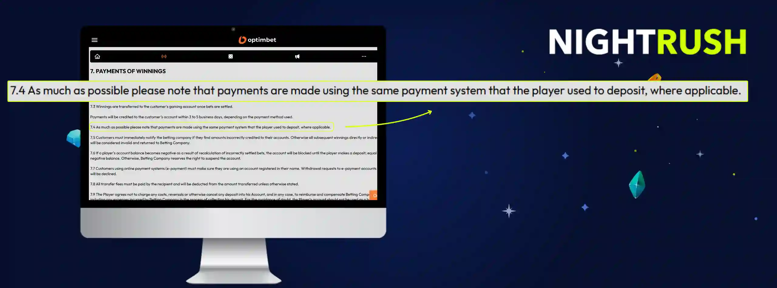 Monitors displaying the T&Cs page for OptimBet. A callout box highlights section 7.4.