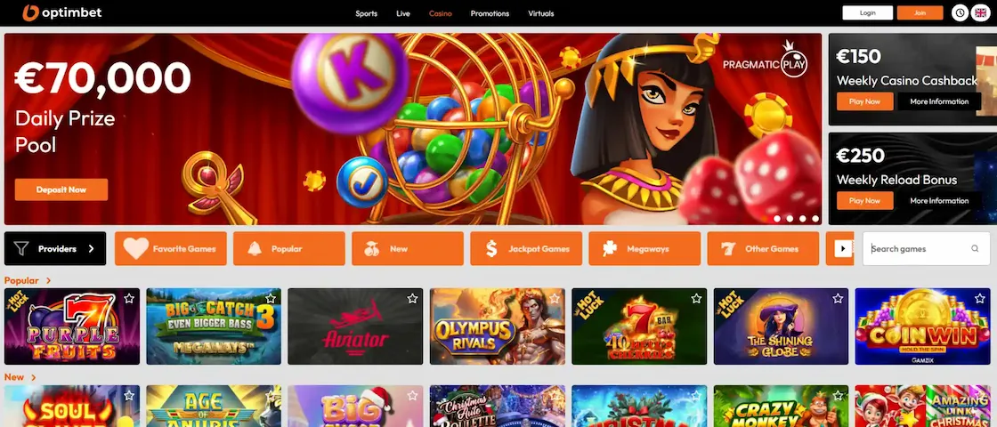 Screenshot of OptimBet’s Casino homepage.