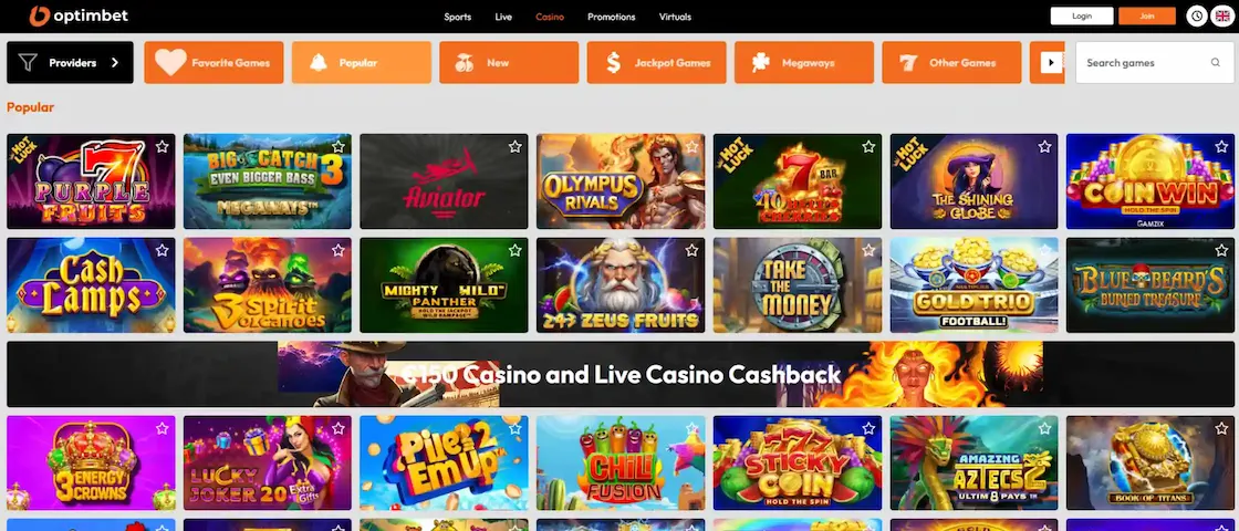 Screenshot of OptimBet’s game selection.