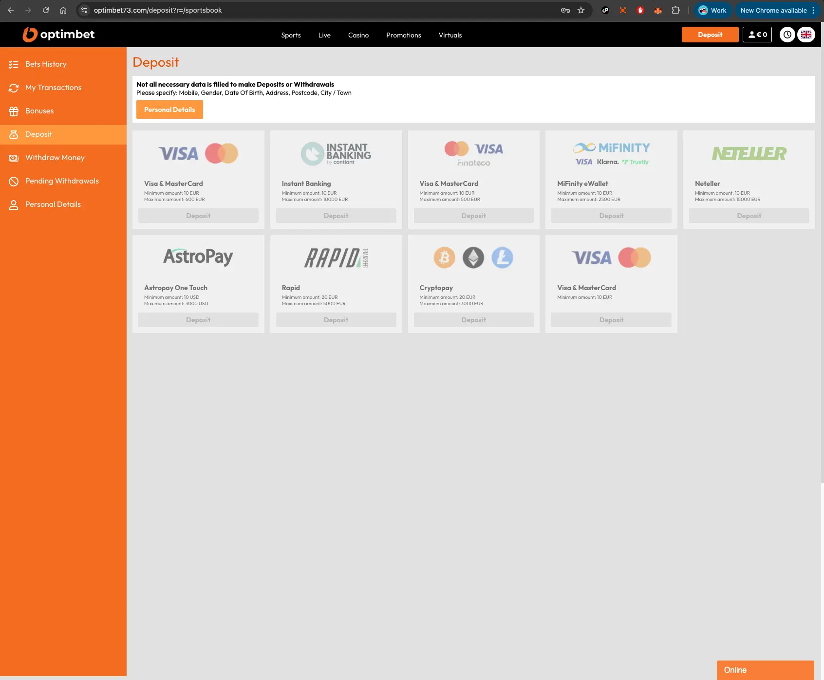 Optimbet casino deposit methods screen