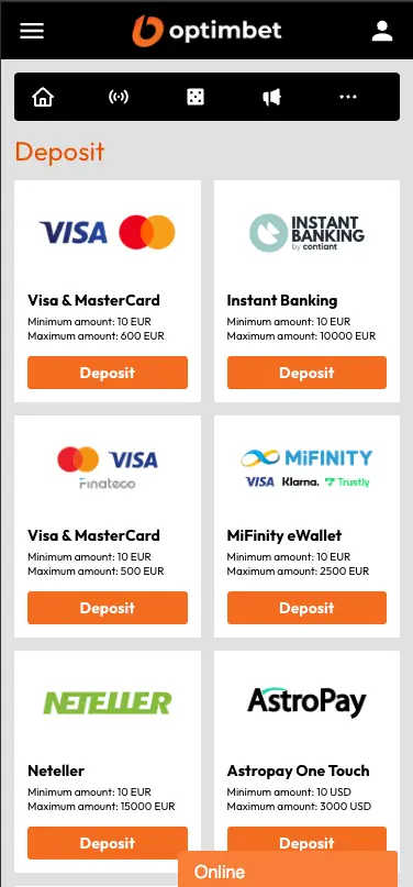 Optimbet casino deposit methods screen