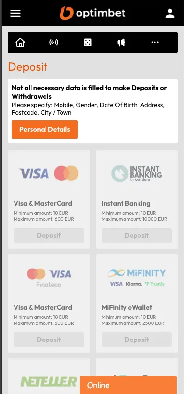 Optimbet casino deposit methods screen