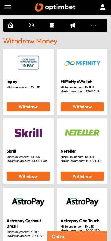 Optimbet casino withdrawal methods