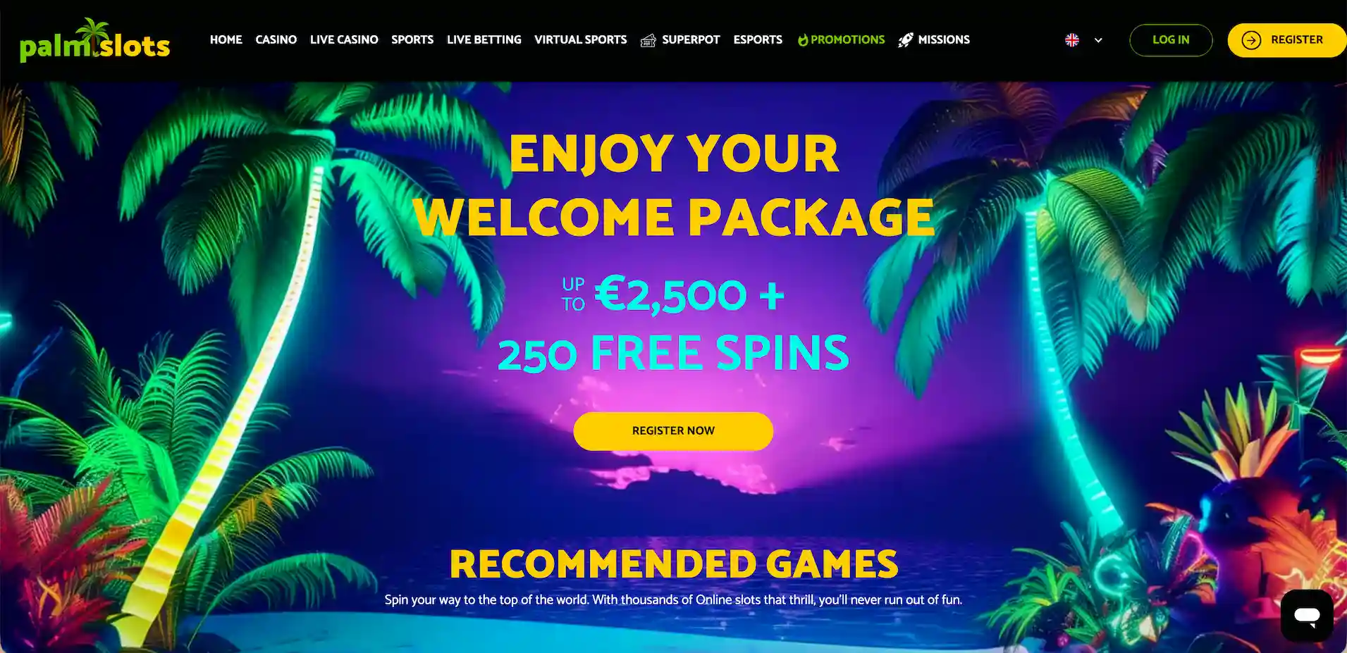 PalmSlots Casino homepage.