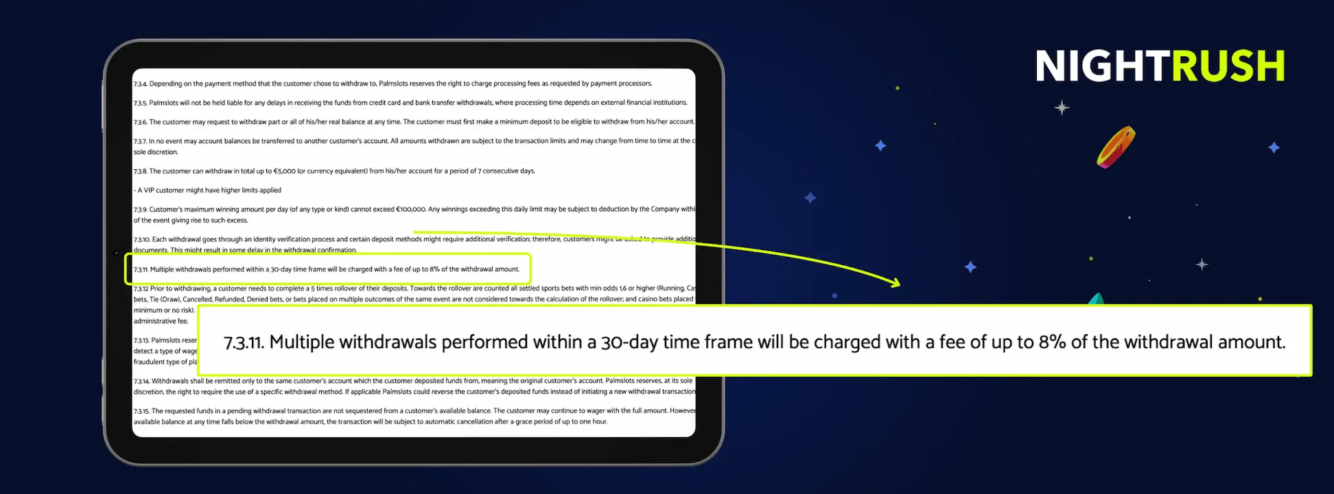 A tablet displays PalmSlots' terms with a callout highlighting a fee for multiple withdrawals.