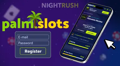 A smartphone displays a PalmSlots review next to a registration form and a Nightrush banner.