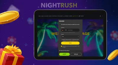 A tablet displays a PalmSlots welcome form with phone and currency fields against a neon background.