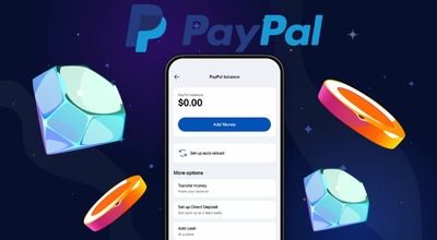 A smartphone displays a PayPal balance interface surrounded by stylised digital gems and coins.