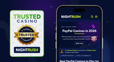 A smartphone screen shows a Nightrush article about the best PayPal casinos to play at.