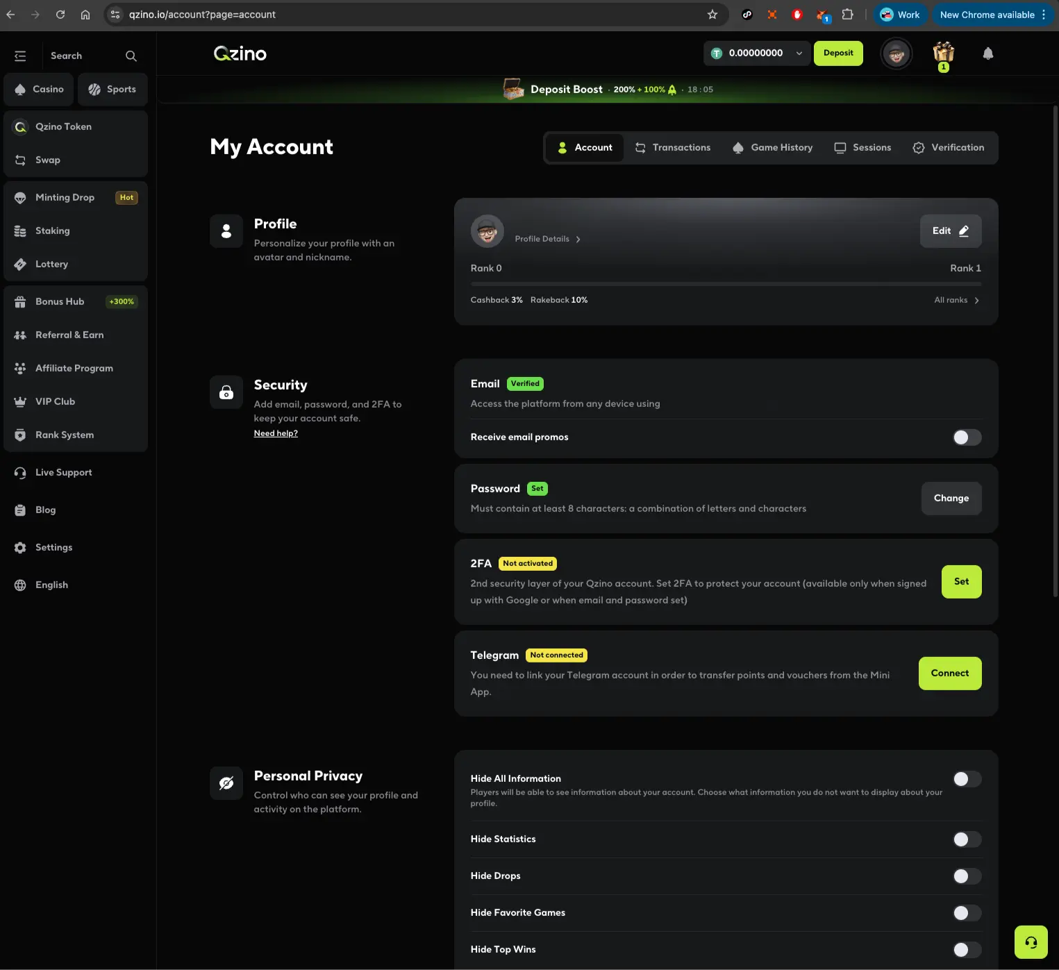 Qzino casino account page