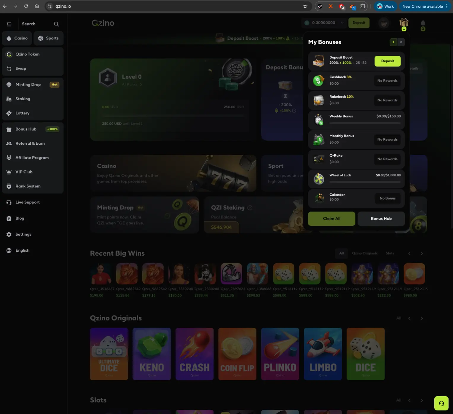 Qzino casino bonuses section