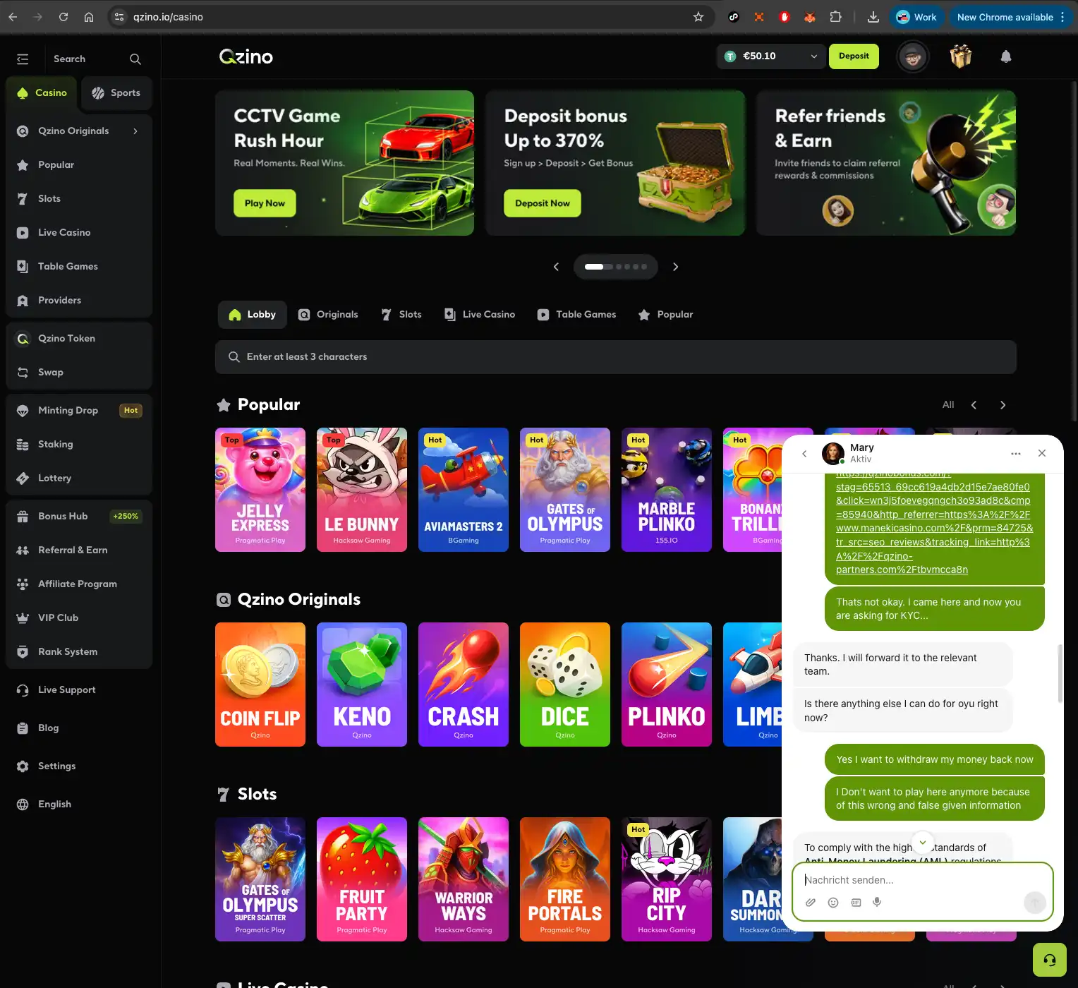Qzino casino live chat