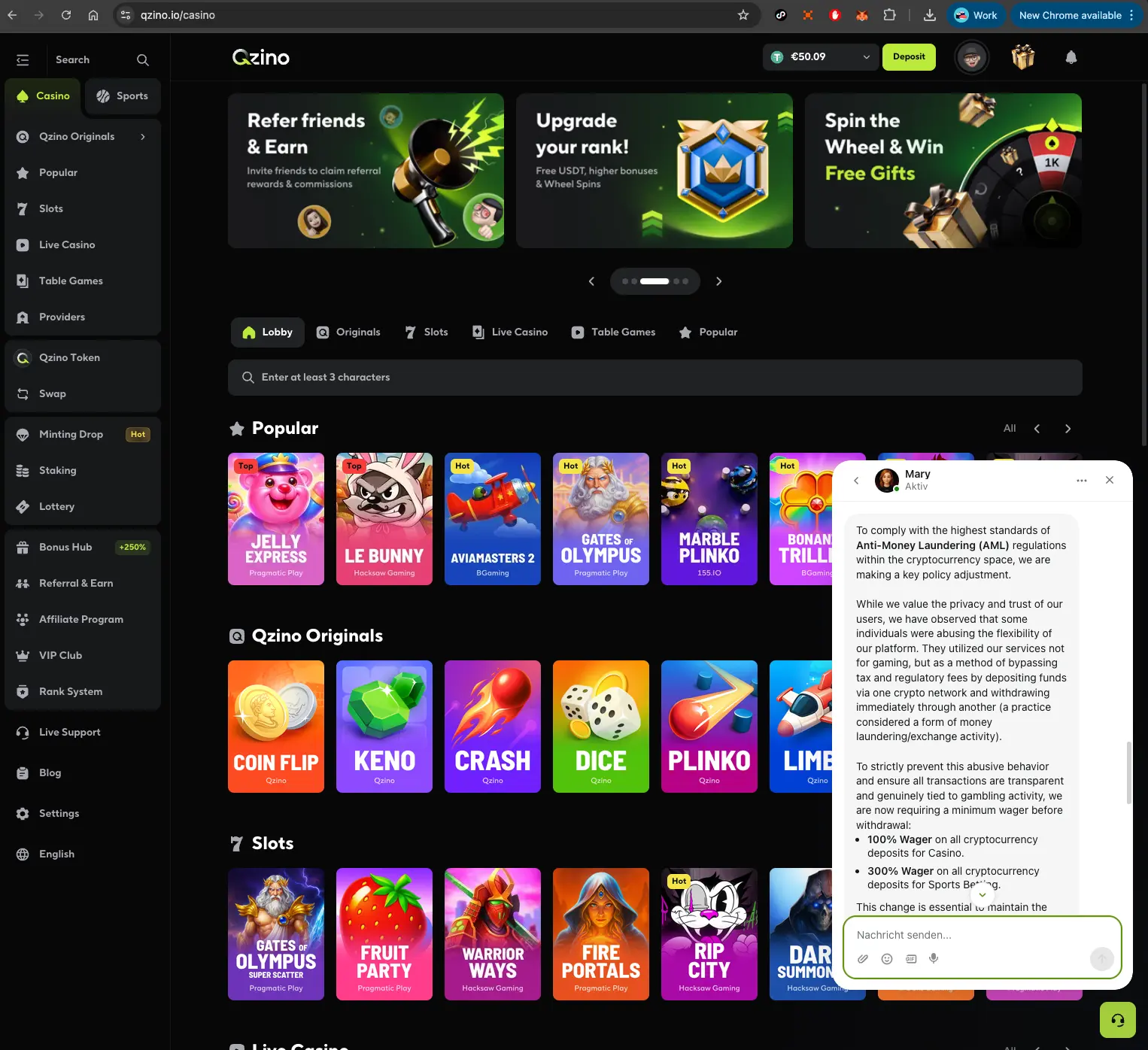 Qzino casino live chat about crypto deposit wagering