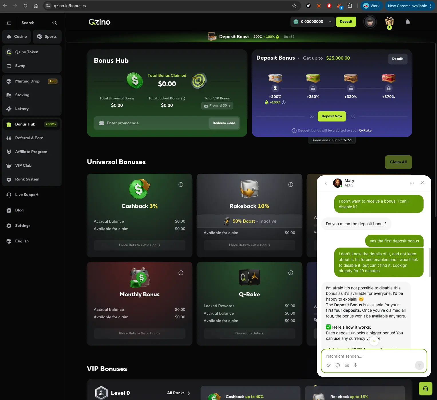 Qzino casino live chat about forced bonus