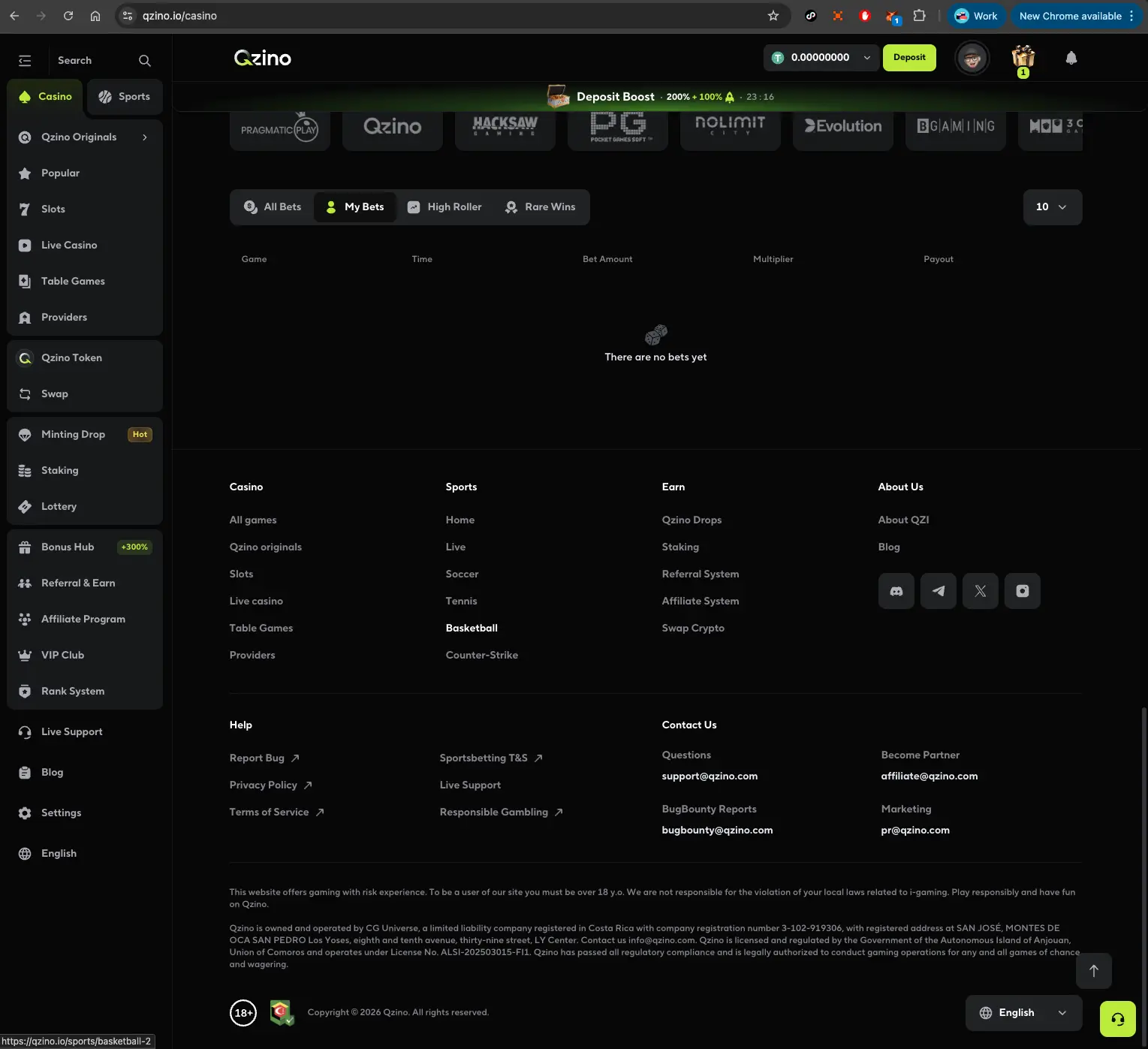 Qzino casino footer section