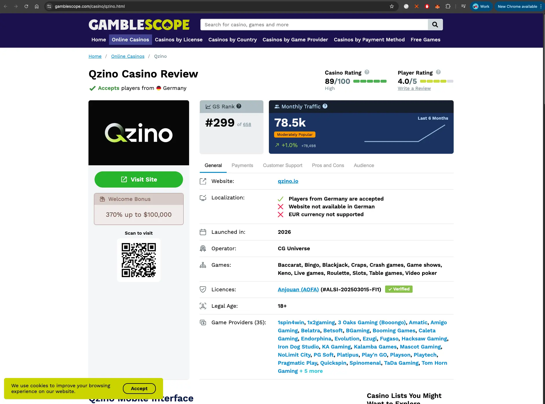 Qzino casino gamblescope page