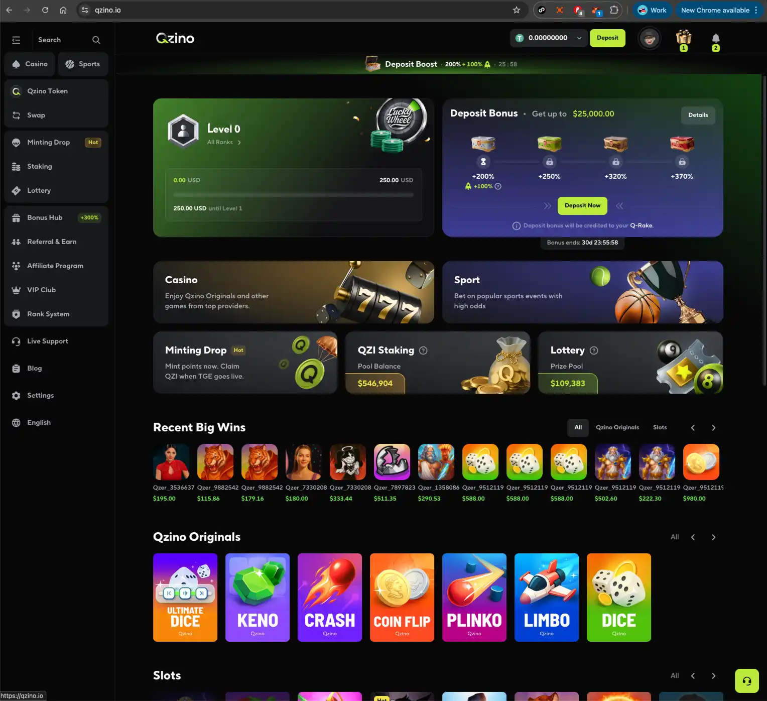 Qzino casino homepage screen