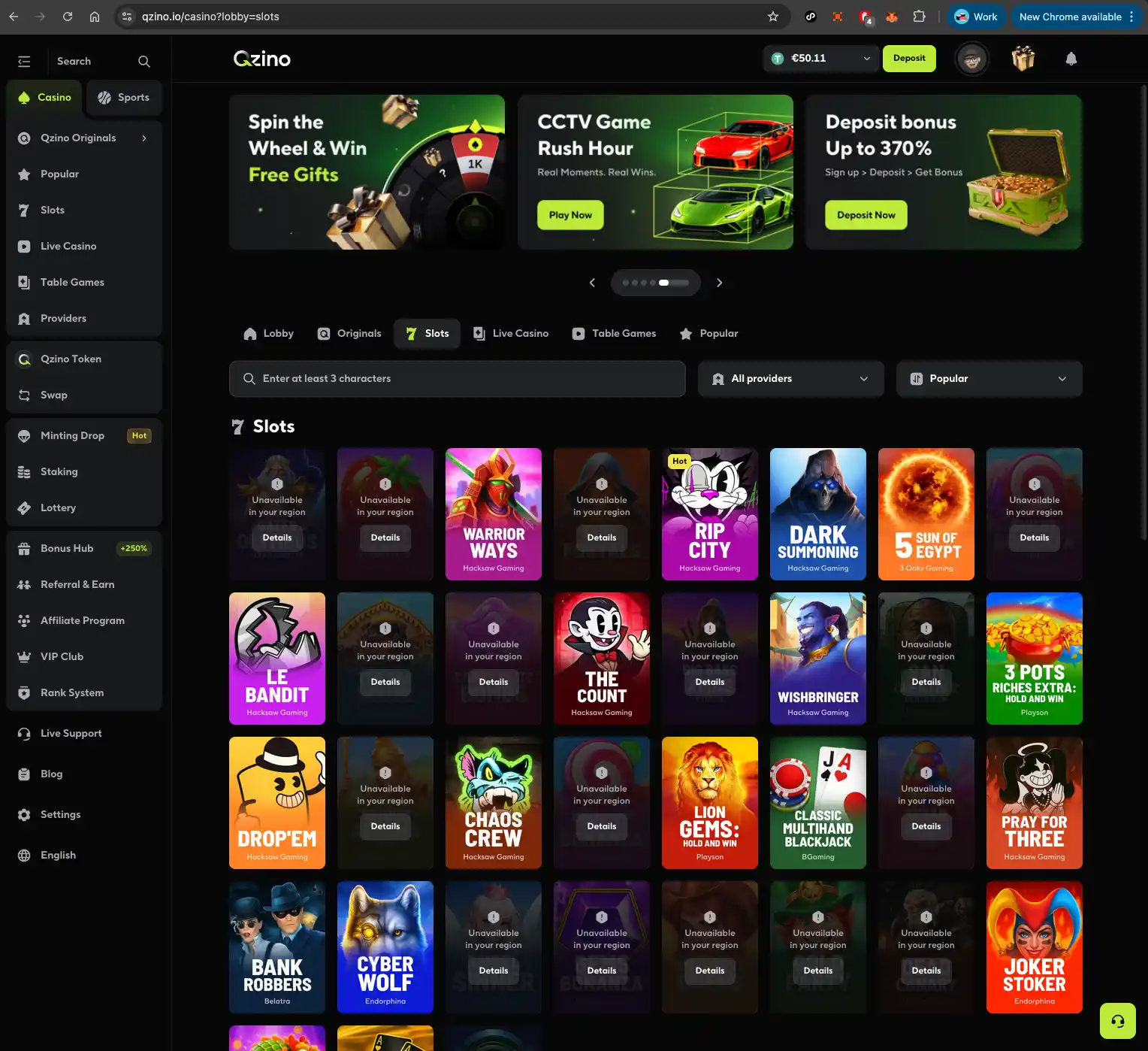 Qzino casino homepage screen