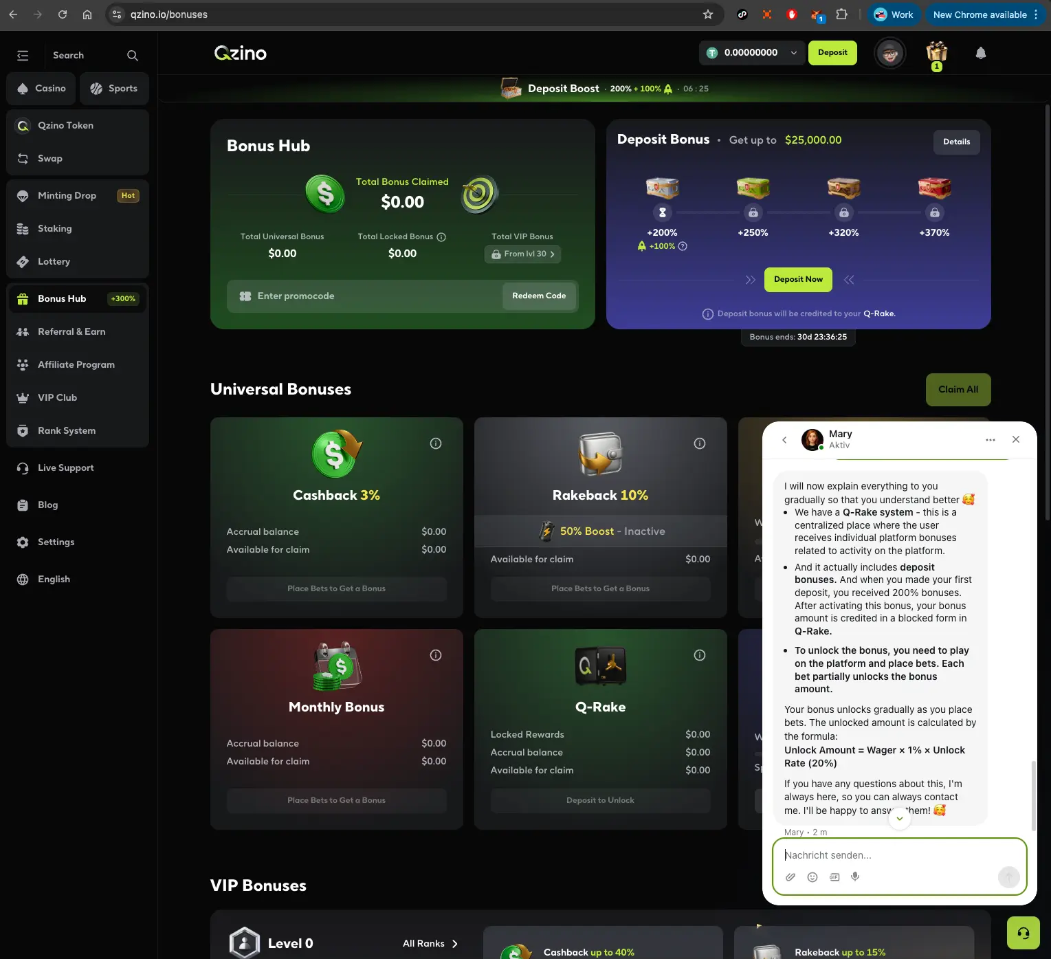 Qzino casino live chat about rake system