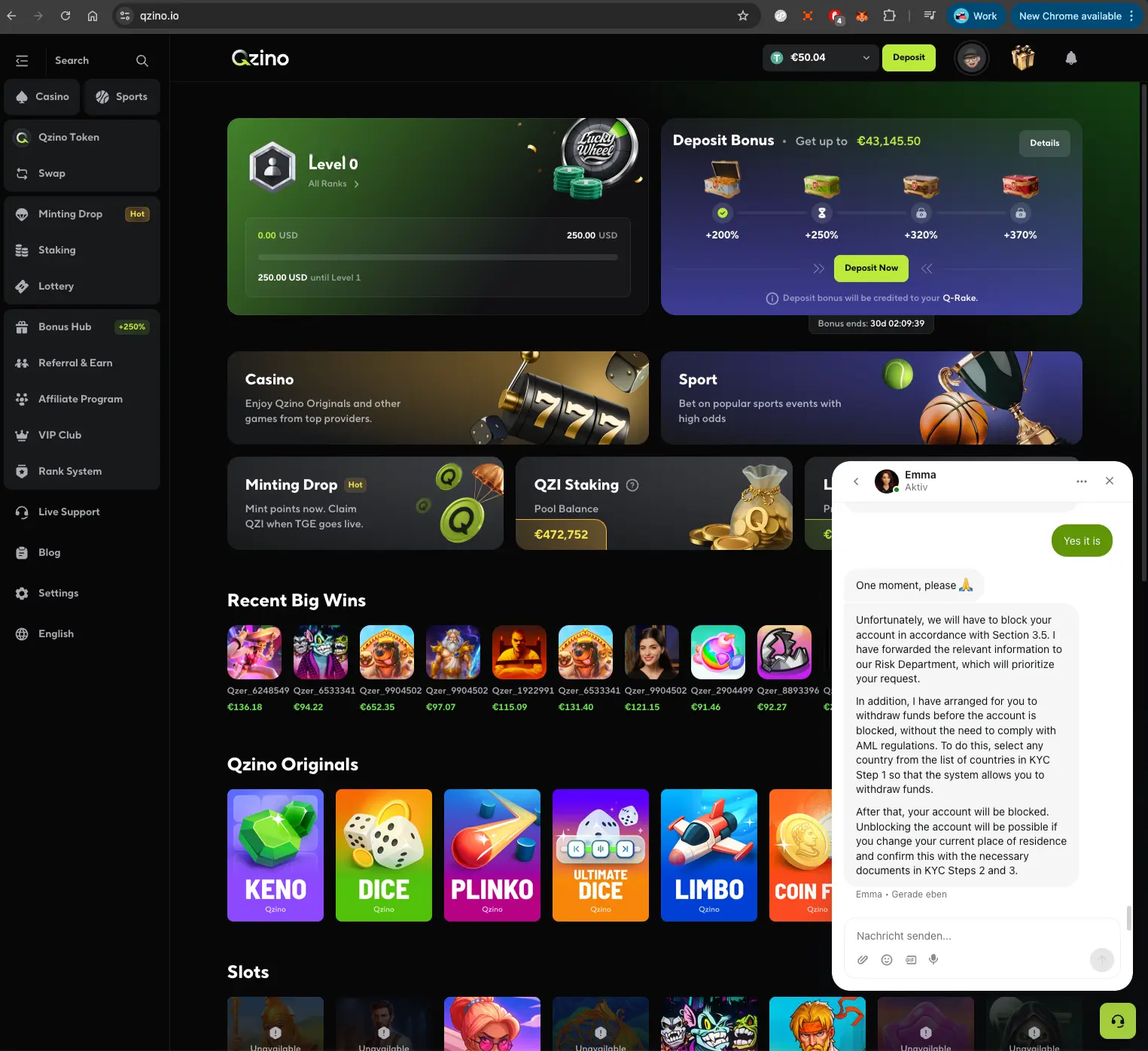 Qzino casino live chat about account block
