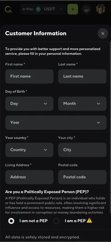 Qzino casino user information screen