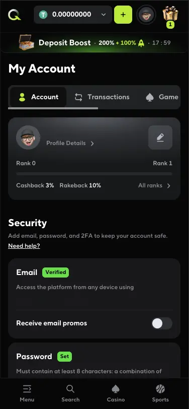 Qzino casino account page
