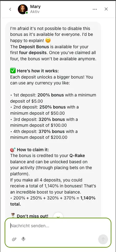Qzino casino live chat about forced bonus activation