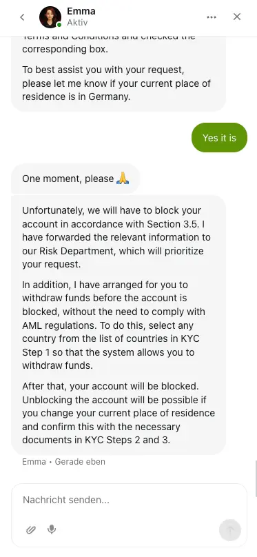 Qzino casino live chat about account block