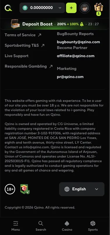 Qzino casino footer section