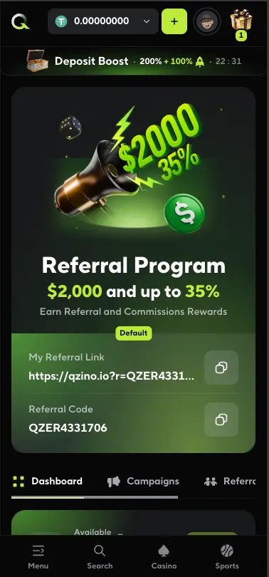 Qzino casino referral rewards page