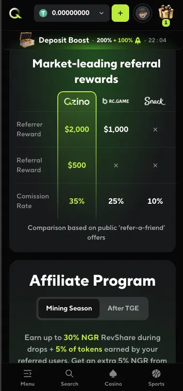 Qzino casino referral rewards page