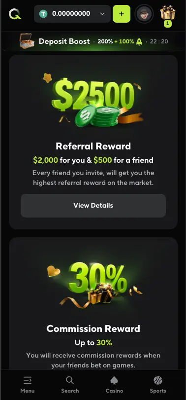 Qzino casino referral rewards page