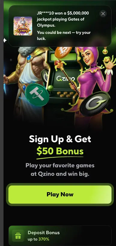 Qzino casino sign up bonus page
