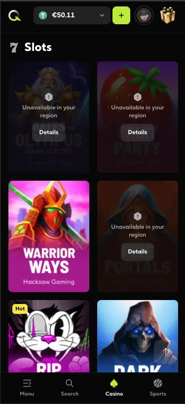 Qzino casino slot games section