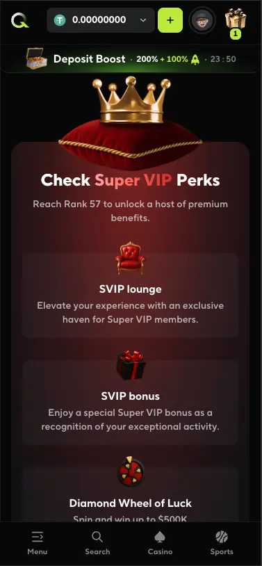 Qzino casino Super VIP benefits section