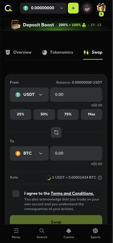Qzino casino swap page
