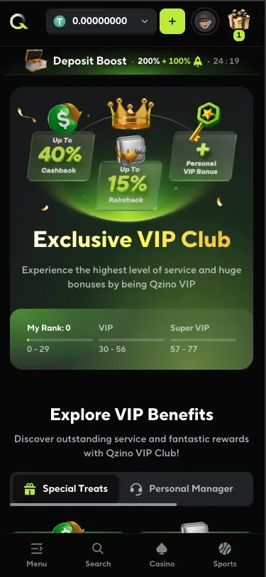 Qzino casino VIP Club page