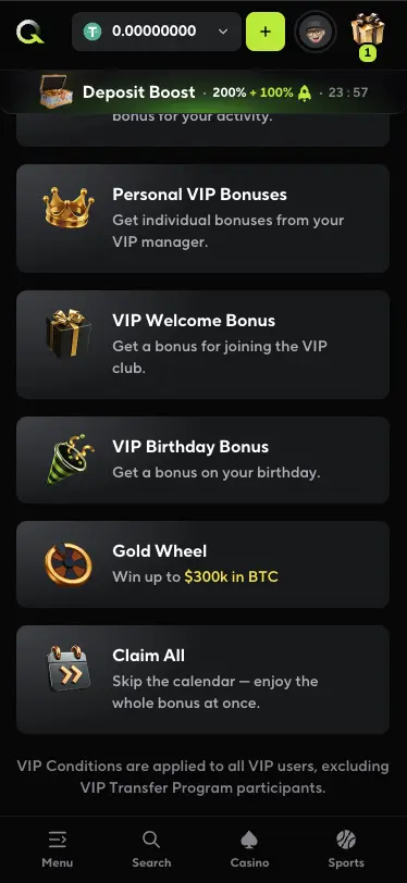 Qzino casino VIP player section
