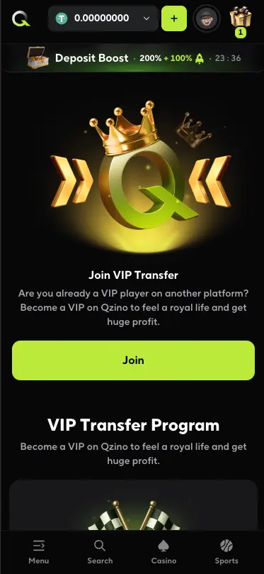 Qzino casino VIP transfer page