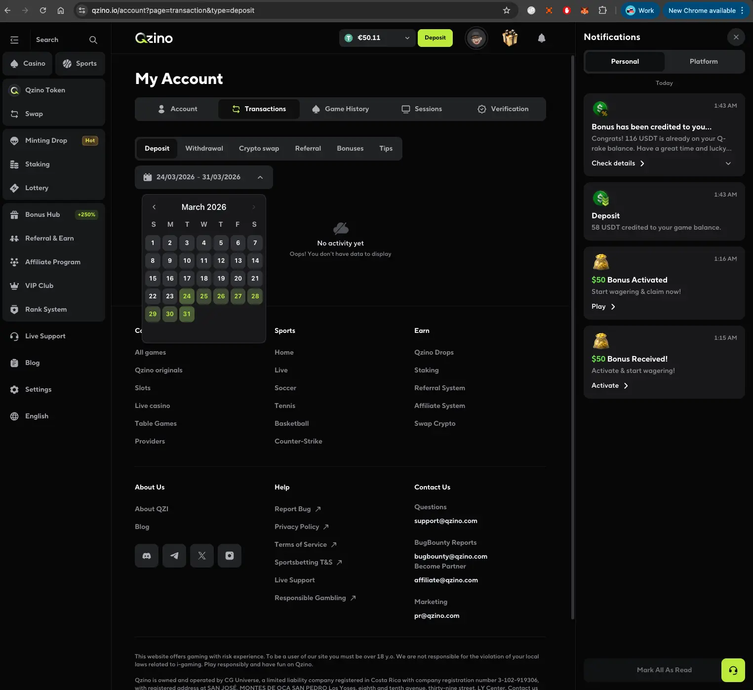 Qzino casino notification page