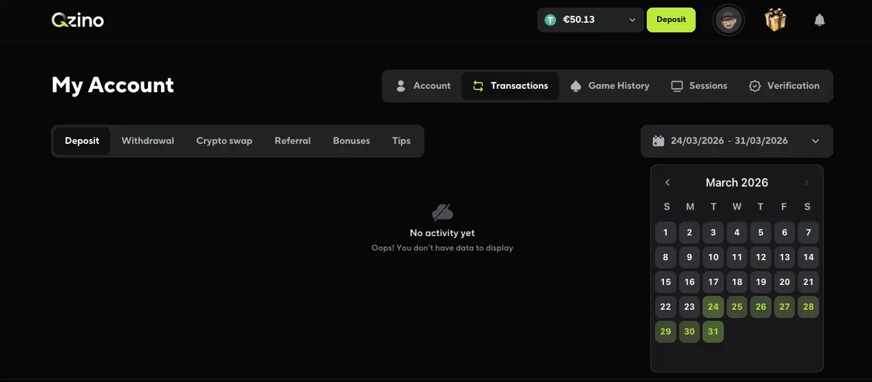 Qzino casino payment history section