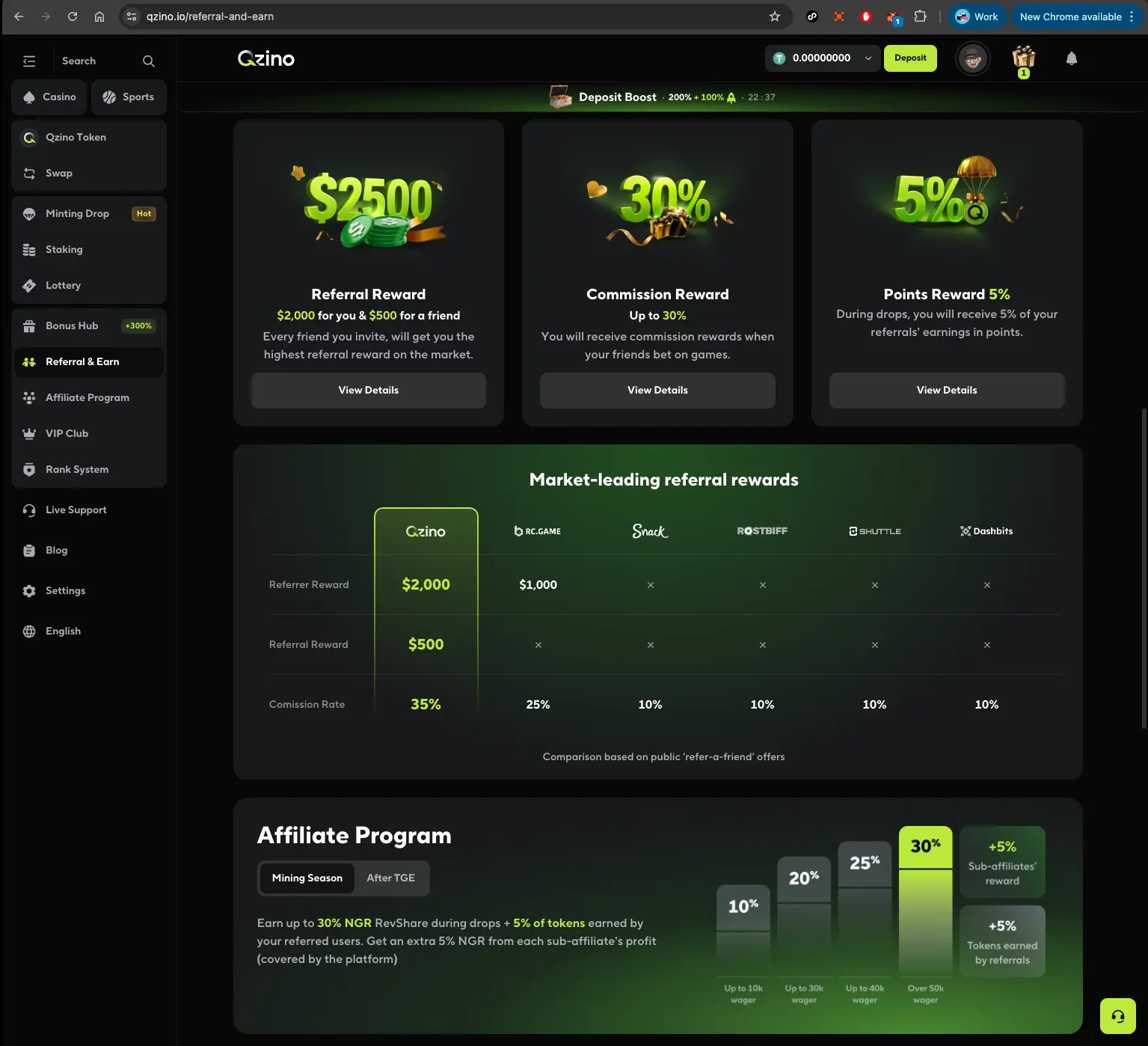 Qzino casino referral rewards page