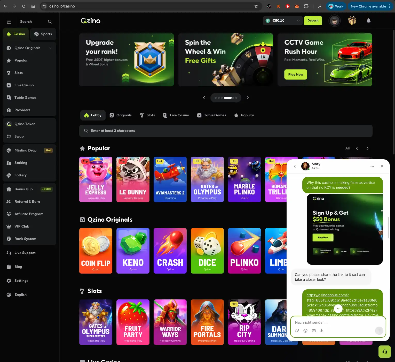 Qzino casino live chat about sign up bonus page